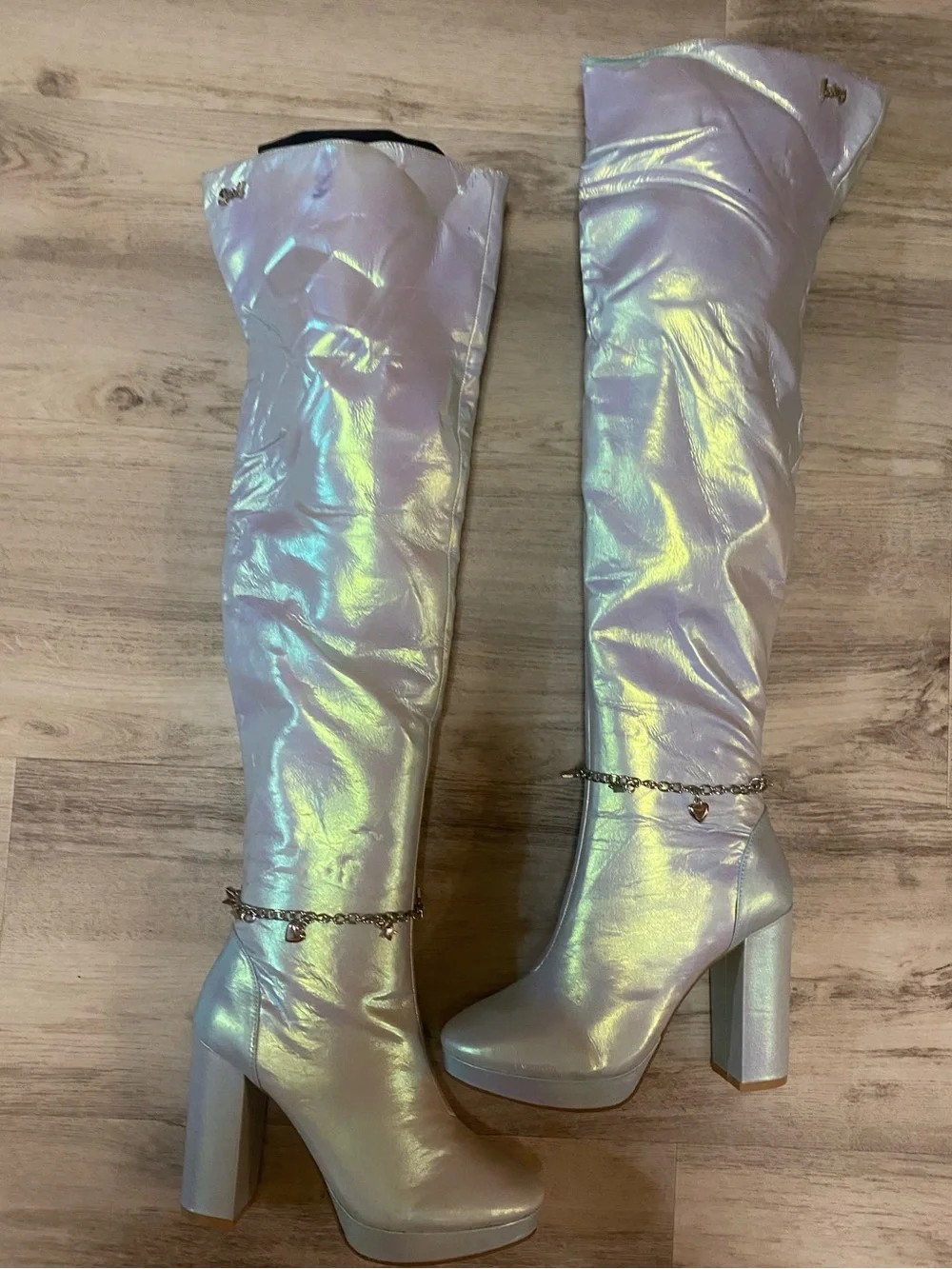 Sparkl Fairy Couture Iridescent Knee-High Platform Boots with Heart Chain- NWT